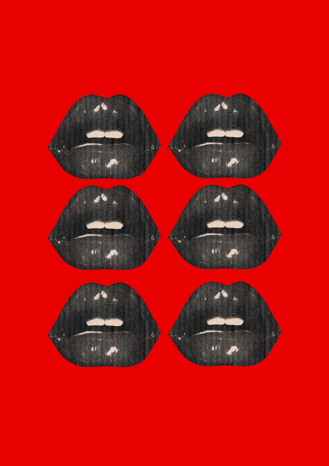 Experimental visual artwork featuring six repeated glossy red lips isolated against a red background. A study of artificial beauty, erotic imagery, repetition and visual desire through highly polished surfaces and contemporary graphic design.