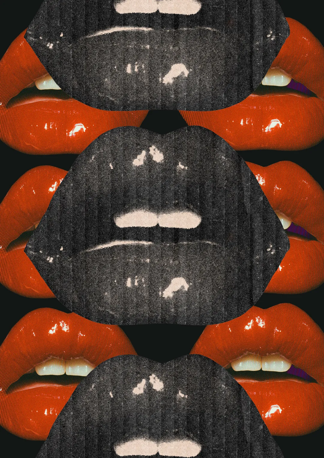 Experimental digital collage combining glossy red lips with oversized grainy black-and-white mouths. The artwork explores erotic imagery, artificial beauty, texture, repetition and the tension between polished surfaces and visual decay.